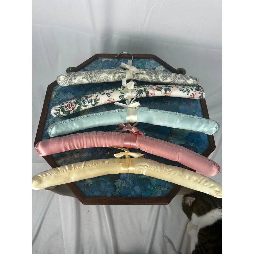 Vintage Satin Padded Clothes Hangers Set of 5 Pastel Fabric Garment Hangers